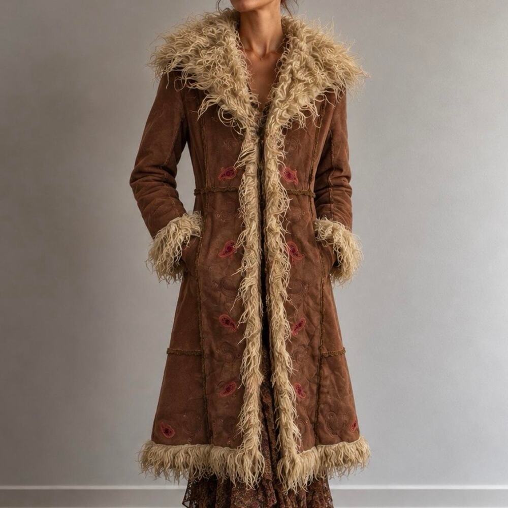Vintage 70s Embroidered Shaggy Penny Lane Afghan Coat Faux Suede & Fur Size M
